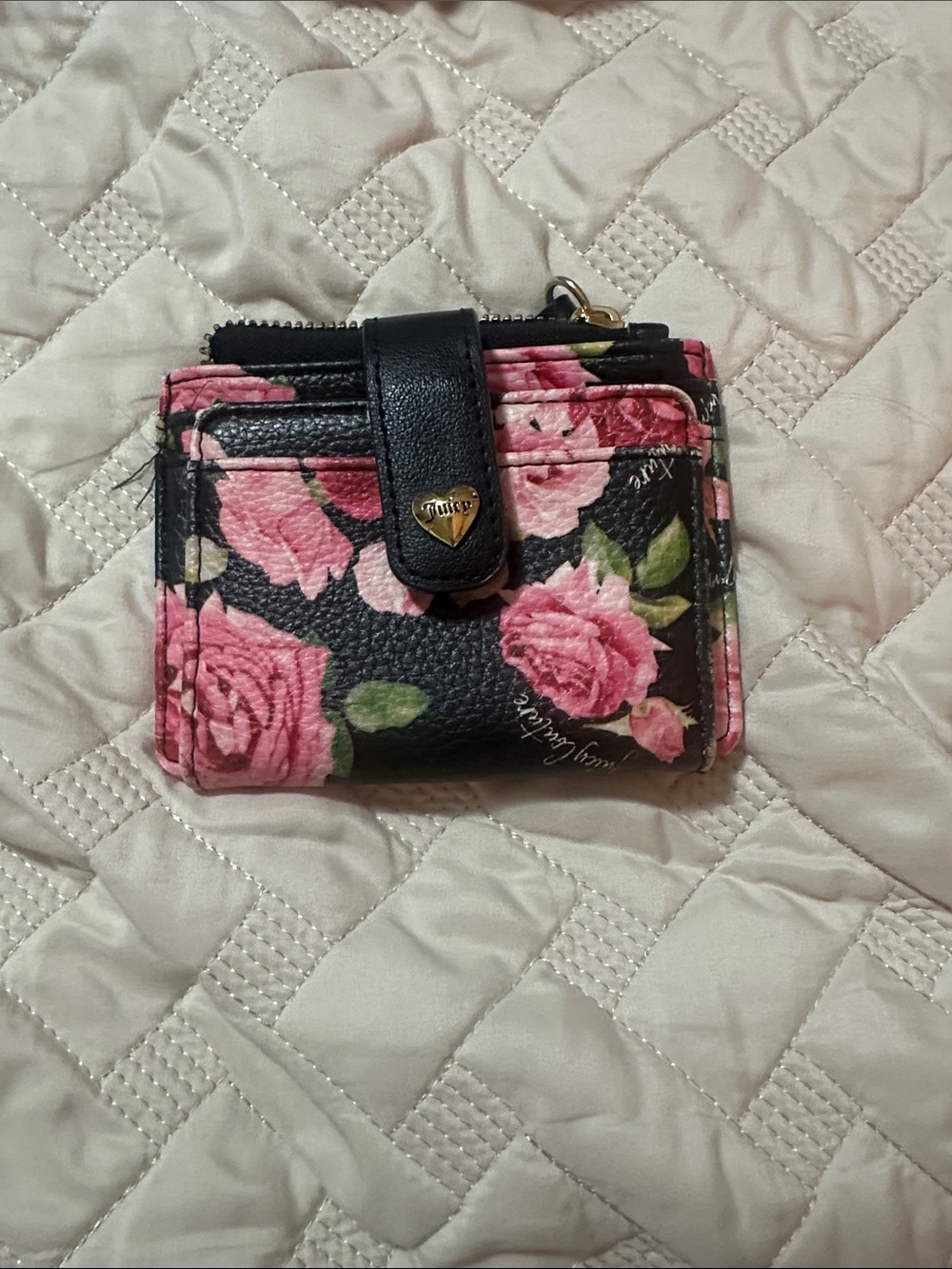 Juicy Couture Black Wallet with Pink Rose Print